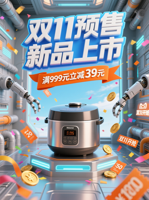 3D风格，特写主体是放置在带有霓虹光效平台上的智能品牌电饭锅；场景设定在充满科技感的机械空间，两边有浅灰色金属机械臂、管道等元素，背景可见蓝天；风格是赛博朋克与电商促销海报结合的风格，科技感与促销氛围预览效果