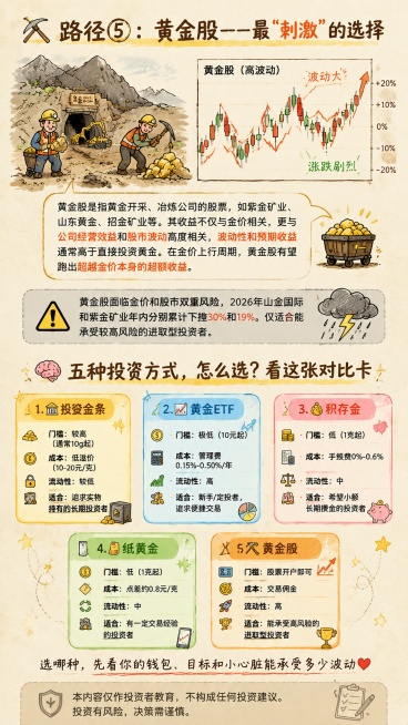 生成一张全新黄金股及全渠道对比科普长图海报，风格为手绘信息图，浅米色带纸纹质感的背景，整体上下分区布局。
上半部分（约占40%高度）：
顶部标题：“⛏️ 路径⑤：黄金股——最‘刺激’的选择”，左侧绘制预览效果