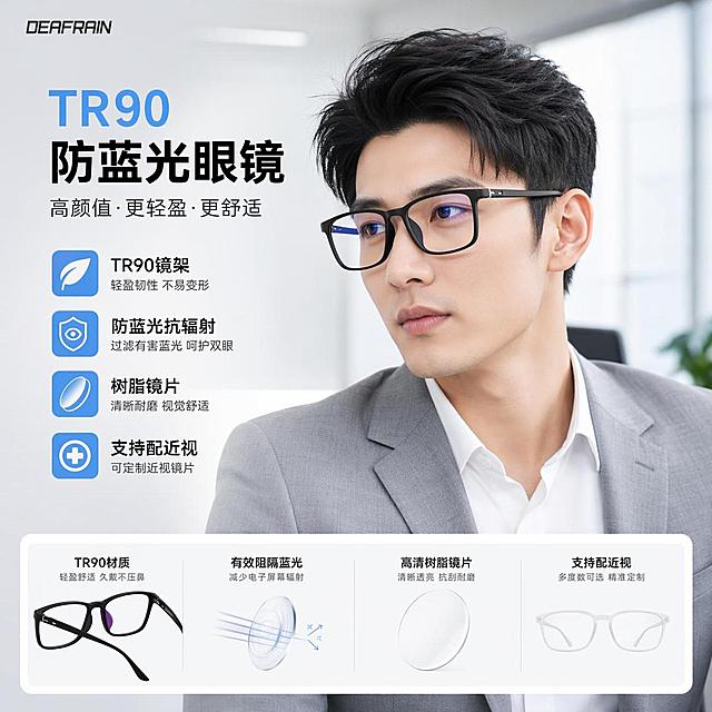 参考图1的电商主图风格，将图2的黑色方框全框TR90防蓝光电脑眼镜作为产品主体，生成1张商务简约时尚通勤风格的电商主图，画面中佩戴眼镜的模特为亚洲面孔，突出TR90材质、防蓝光抗辐射、树脂镜片、支持近视镜等产品卖点，整体高级有质感，适合电商首图展示