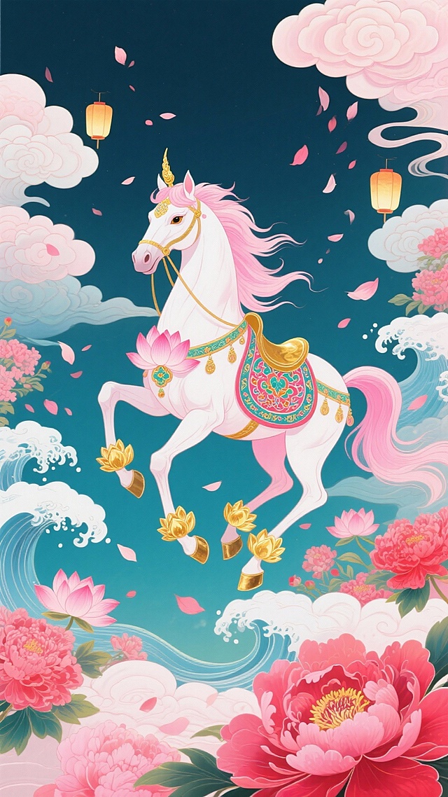纯扁平风格，插画，主体是饰有莲花彩纹鞍具的金眼粉白仙马（粉白渐变鬃毛似流云，金眼泛柔光，呈踏花腾跃姿态，蹄边绽放金色莲花，充满神圣感与梦幻感）。背景为悬浮于云端的牡丹花海，粉色、红色牡丹盛放，祥云与花瓣飘落交织，浪涛元素化作云浪包裹周身。点缀莲花灯