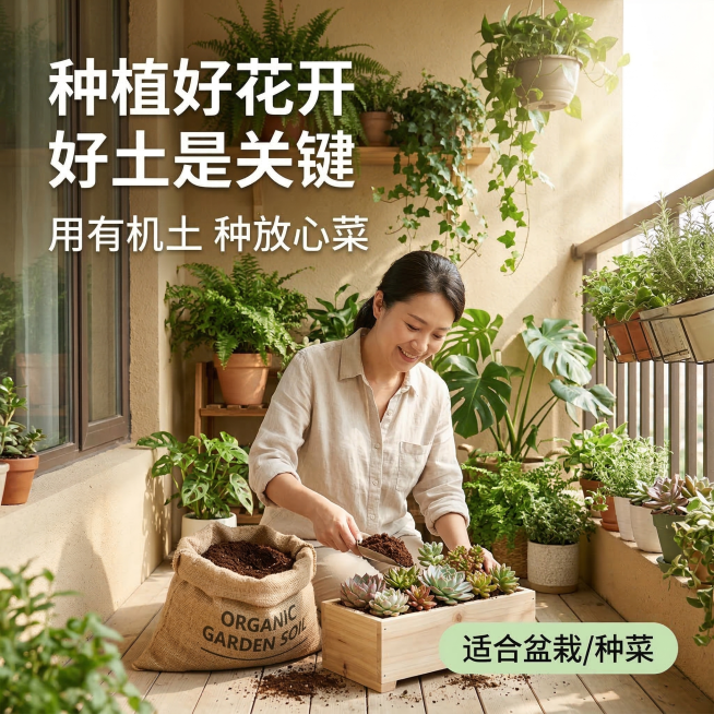[主图主题]有机农场田园土 场景体验展示主图
[氛围/风格]温馨家居园艺风格，自然生活感
[画面元素]一位亚洲女性爱好者正在阳台用有机田园土栽种多肉盆栽，打开的土袋放在旁边，土壤倒入花盆中，阳台背景布预览效果
