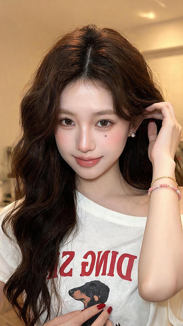 超写实质感居家温柔女生肖像，冷调一白细腻皮肤，T区自然出油光泽，左眼下方一颗深褐色小痣，自然气色粉调红晕。深棕色浓密大波浪长卷发，中分偏左分缝，发根蓬松，暖光下栗色高光。浅棕色野生自然眉，杏眼开扇双眼皮，卧蚕饱满，眼神温柔直视镜头。小巧肉鼻头带轻微驼峰，饱满M唇涂裸粉色镜面唇釉，浅笑状态。身着米白色水洗棉斜肩露肩T恤，印花红色倒置字母"DING ZH"和黑色腊肠犬。右耳佩戴珍珠+银质耳钉，左手佩戴金蛇骨链+粉色米珠手链，短方圆甲涂正红色指甲油。身体微侧，左手轻勾耳边发丝，右手轻触锁骨，头部微歪，松弛自然姿态。室内暖黄顶光，柔和光影，温馨治愈居家氛围，原生相机直出，保留皮肤发丝细节纹理