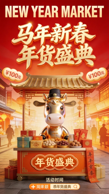 这张马年新春年货盛典运营海报采用新中式国潮 + 鎏金立体集市风，是市井烟火与高端喜庆氛围的融合设计。
主体围绕鎏金萌马展开：萌马以亮面鎏金质感呈现，头戴掌柜帽，立于摆满年货礼盒、坚果、春联的中式集市摊预览效果
