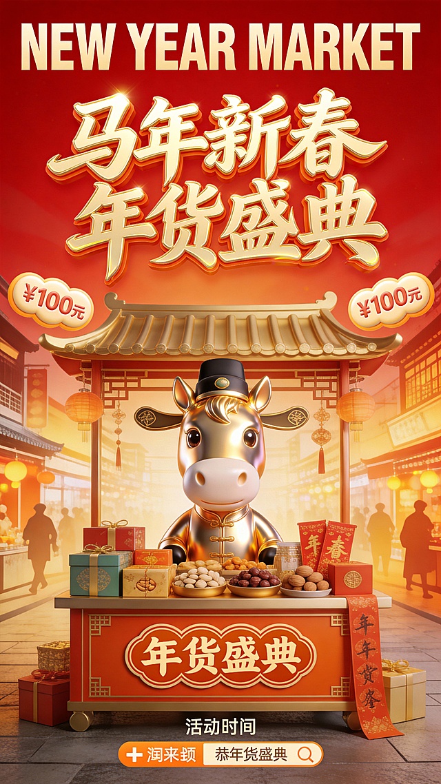 3D拟人金马身着中式服饰，置身传统市集摊位，搭配鎏金字体与金属质感装饰，融合喜庆红金配色与卡通元素，营造浓厚春节氛围。