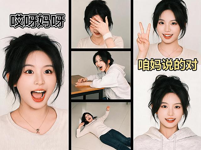 Three-panel comic of the same young northeastern Chinese woman from the reference picture for a short video: panel 1: girl with wide eyes and open mouth shouting "哎呀妈呀"; panel 2: three funny meme-style reactions including facepalm, slapping the table and laughing lying on the floor; panel 3: girl posing with a peace sign, with the golden quote subtitle "咱妈说的对" next to it. Short video storyboard illustration style, internet meme feel, bold text. Same girl as reference picture.