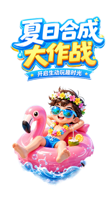 夏日海洋奇遇主题，商业插画风格，整体清爽明亮的天蓝色调，卡通人物戴着墨镜和花环，坐在粉色天鹅游泳圈上。背景是海边椰树、沙滩遮阳伞、海浪和海鸥，点缀气泡、光斑、水波纹特效，带标题文字“夏日合成大作战”，预览效果