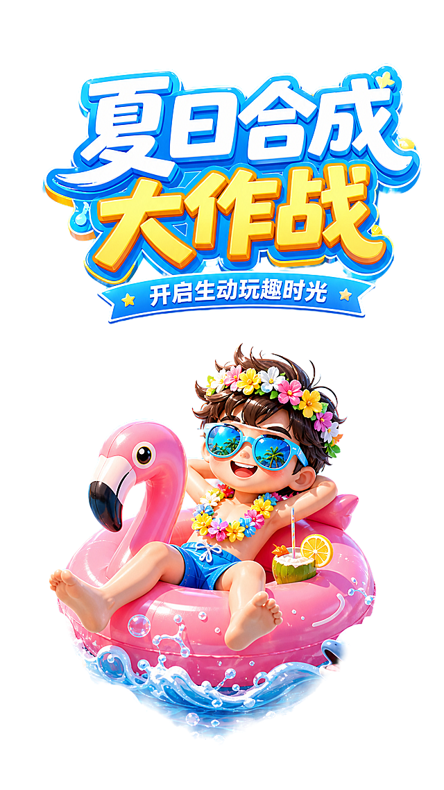 夏日海洋奇遇主题，商业插画风格，整体清爽明亮的天蓝色调，卡通人物戴着墨镜和花环，坐在粉色天鹅游泳圈上。背景是海边椰树、沙滩遮阳伞、海浪和海鸥，点缀气泡、光斑、水波纹特效，带标题文字“夏日合成大作战”，副标题“开启生动玩趣时光”。干净精致的UI质感，细节丰富，8K高清，参考图片风格