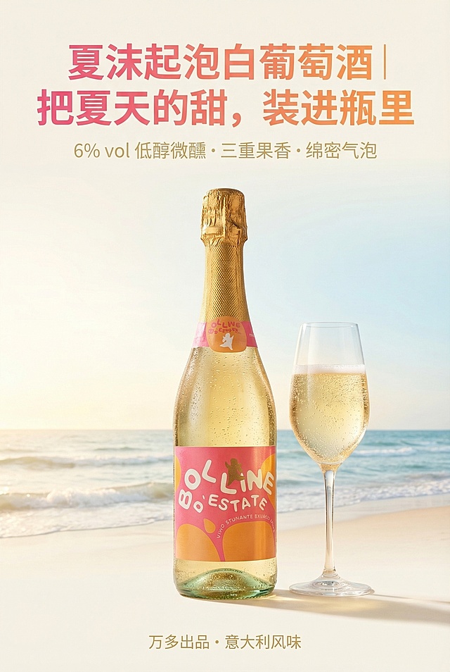 以图中起泡白葡萄酒为主体，设计首屏KV页：产品瓶身居中，背景为浅米白渐变的夏日海边场景，瓶身与酒杯光影柔和，突出粉橙撞色酒标活力感；主标题“夏沫起泡白葡萄酒 | 把夏天的甜，装进瓶里”用超大号粉橙渐变无衬线粗艺术字体，位于画面上半部分；副标题“6% vol 低醇微醺・三重果香・绵密气泡”用中号浅金色常规字体，在主标题下方；底部小字“万多出品・意大利风味”；中心对称式排版，背景留白充足；色彩占比主色60%、辅助色30%、点缀色10%，留白率不低于30%，整体清新高级