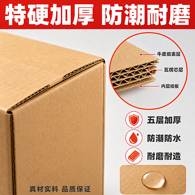 [主图-3] 特硬加厚瓦楞纸箱 材质细节与防潮耐磨展示 拼多多风格。
[统一基调] 拼多多风格 大字直白 高性价比感 暖橙红主色调 白色粗黑标题字 深灰辅助字 红色强调色 粗黑体字体 大号标题 中号卖点 圆角信息卡 满版无边框构图。
[画面] 特硬加厚瓦楞纸箱局部特写 放大展示纸箱边角和瓦楞纸截面 清晰可见多层瓦楞结构 体现加厚材质。主视角为纸箱右上角45度特写 占画面约50% 位于画面左侧。右侧放一个圆形放大镜效果区域 放大展示瓦楞纸的层状结构 牛皮纸表层+瓦楞芯+内层 三层结构清晰。右下角放一小滴水珠落在纸箱表面的特写 水珠圆润不渗透 体现防潮效果。背景为浅灰渐变。
[光影质感] 商业微距摄影质感 光线柔和均匀 瓦楞纸纹理层次分明 截面细节锐利清晰 水珠有高光反射 质感通透 纸箱边角挺括 边缘整齐无毛边。
[配色] 背景浅灰渐变 标题白色粗黑字配红色底块 辅助字深灰色 放大镜边框橙红色 水珠透明带高光 纸箱保持牛皮纸原色 整体干净有品质感。
[文字版式] 画面顶部大标题"特硬加厚 防潮耐磨" 粗黑体大号 白色字配红色通栏底块。右侧中部三个圆形图标加文字 从上到下分别是盾牌图标配"五层加厚"、水滴图标配"防潮防水"、砂纸图标配"耐磨耐造" 图标橙红色 文字深灰色。底部小字"真材实料 品质保证" 深灰色。
[输出要求] 1:1正方形 2048x2048 文字清晰可读 产品清晰不变形 禁止出现拼多多logo水印平台标识 禁止错字模糊杂乱 禁止极限词 禁止人物 禁止悬浮穿模。