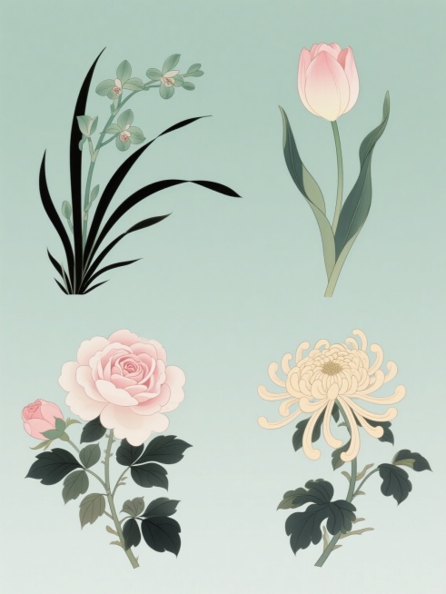 中国风工笔画风格插画，以纯色为背景，细腻流畅的线条勾勒，淡雅清新的配色，平面化与轻微渐变结合的质感，整体呈现雅致宁静的氛围。画面以规整排布方式呈现包含兰花、郁金香、玫瑰花、菊花4个完全不同元素内容的系列素材集合，每个花卉元素均保留清晰的轮廓线和简约的细节刻画，整体构图平衡和谐。兰花线条飘逸，郁金香形态饱满，玫瑰花层层叠叠，菊花舒展自然，花卉色彩淡雅清新，以墨色、浅绿、淡粉、米黄等为主色调，线条……预览效果
