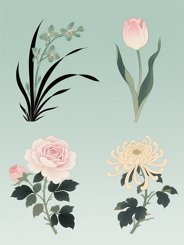 中国风工笔画风格插画，以纯色为背景，细腻流畅的线条勾勒，淡雅清新的配色，平面化与轻微渐变结合的质感，整体呈现雅致宁静的氛围。画面以规整排布方式呈现包含兰花、郁金香、玫瑰花、菊花4个完全不同元素内容的系列素材集合，每个花卉元素均保留清晰的轮廓线和简约的细节刻画，整体构图平衡和谐。兰花线条飘逸，郁金香形态饱满，玫瑰花层层叠叠，菊花舒展自然，花卉色彩淡雅清新，以墨色、浅绿、淡粉、米黄等为主色调，线条细腻流畅，具有传统工笔画的韵味。