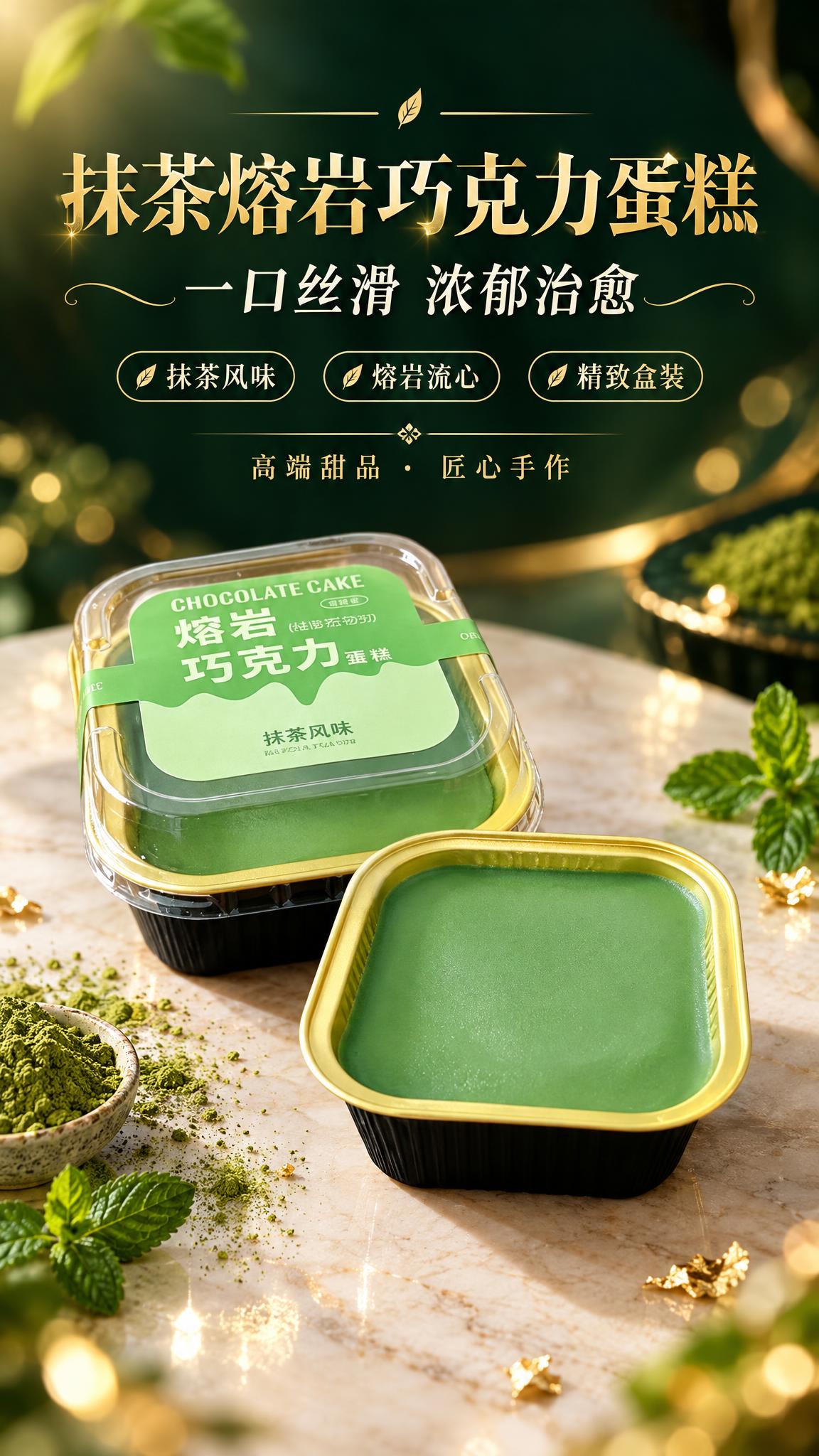 高端甜品海报，画面主体为抹茶风味熔岩巧克力蛋糕，【图1】开盖蛋… - 图片创意预览