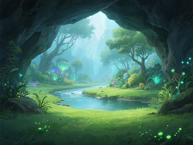 梦幻感插画风，虚拟自然水彩风，光影交织的森林秘境，溪流潺潺，萤火虫闪烁。