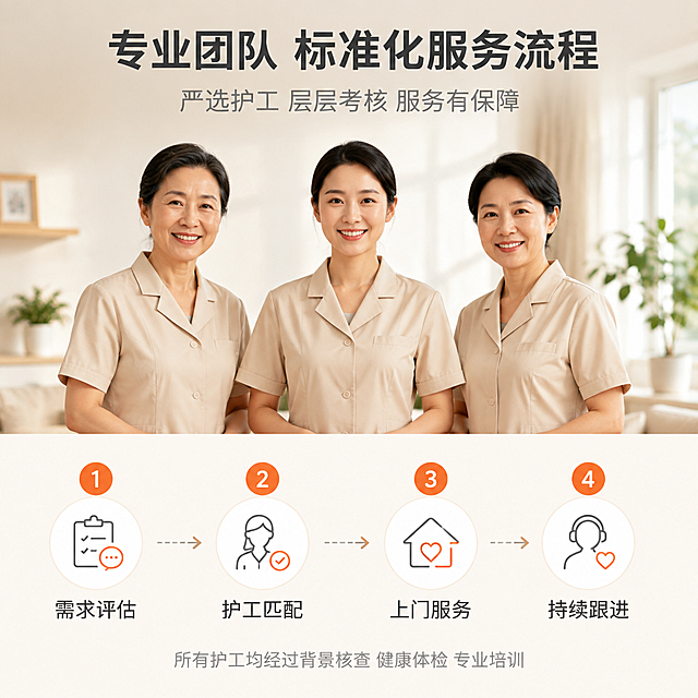 [主图-4] 团队资质与服务流程，专业护工团队与标准化服务流程展示。
[氛围风格] 温暖可信居家实景风，简洁稳重，京东品质感；
[画质] 商业摄影质感、光线柔和通透、人物清晰真实、画面干净高级。
[元素] 画面上半部分：三位专业护工团队形象展示（居中为与首图同一位东亚女性护工，穿浅米色护工制服，微笑自信；两侧各一位不同年龄的东亚护工，同款制服），背景是明亮的居家环境虚化。画面下半部分：四步服务流程时间轴，从左到右依次为：需求评估→护工匹配→上门服务→持续跟进。每步配圆形序号图标和简洁插图。**保持主护工形象、服装与输入图片一致，杜绝变形和色差，精细化处理**。
[光影] 顶部柔和主光均匀照亮人物面部，光线温暖自然；流程图标区域光线明亮清晰，整体光影柔和统一。
[配色] 主色调暖米色+浅木色；辅助色白色、浅灰；强调色暖橙色（用于流程序号与重点文字）。
[视角构图] 平视构图，上半部分人物团队展示，下半部分流程时间轴；上下分区清晰，整体平衡。
[文字版式] 顶部主标题“专业团队 标准化服务流程”，深灰色大号粗体无衬线，居中。副标题“严选护工 层层考核 服务有保障”，浅灰色中号，居中。下半部分四步流程，每步上方是暖橙色圆形序号（1/2/3/4），中间是简洁线性小图标，下方是流程名称：「需求评估」「护工匹配」「上门服务」「持续跟进」，深灰色中号字。流程之间用浅灰色虚线箭头连接。底部小字“所有护工均经过背景核查 健康体检 专业培训”，浅灰色，居中。
[输出要求] 1:1比例，文字清晰锐利，超高清商业摄影质感。
[负向提示词] 变形，文字错乱，人物模糊，背景杂乱，水印，电商平台Logo，多余的手，畸形手，面部扭曲，肢体穿模。