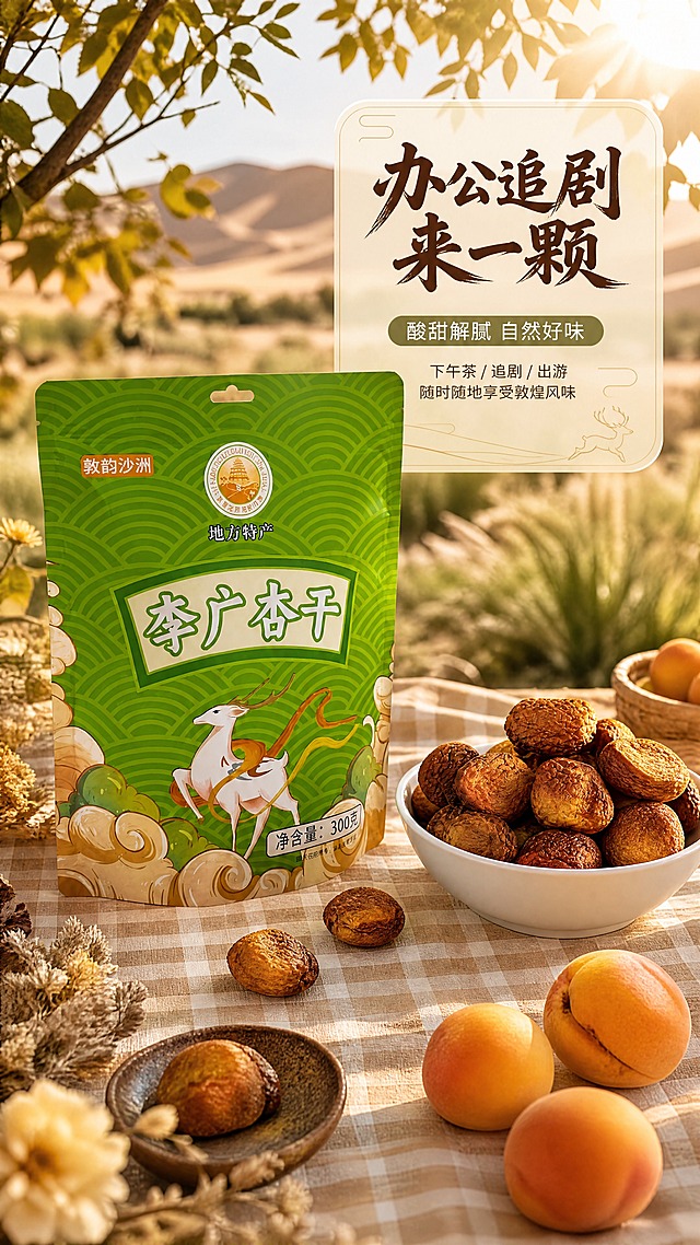 [商品] 使用【图8】李广杏干场景图；保留绿色包装袋、九色鹿图案、白碗中杏干、整体场景氛围；商品处理：包装清晰，杏干质感真实，场景光影自然。
[画面] 目标：场景种草，营造日常食用的轻松治愈氛围。构图：单场景沉浸型，产品位于画面中心偏左，占画面50%。主体：李广杏干绿色包装袋立放在格子桌布上，右侧白碗装满杏干，周围散落几颗完整杏干和新鲜杏子。前中后景：前景干花和小碟子装饰，中景产品和杏干，远景虚化的户外沙漠草地+阳光。阅读动线：从产品向四周场景扩散。
[视觉] 套系策略：风格=国潮风敦煌产地商业摄影；标题字=书法手写粗体；正文字=简洁无衬线体；主色=敦煌草绿；背景延展=暖米色格子布+户外自然暖光环境，整体暖色调；强调色=暖橙黄；标题色=深棕褐；正文色=暖深灰；组件=右上角半透明信息卡、细线装饰；光影=午后暖阳光从右上方斜射，柔和自然阴影，营造温馨下午茶氛围。
[文字] 右上角半透明圆角卡片内文字：主标题"办公追剧 来一颗"，副标题"酸甜解腻 自然好味"。下方小字："下午茶 / 追剧 / 出游 随时随地享受敦煌风味"。文字横向排版，不遮挡包装袋主体。
[规格] 图片比例9:16竖版，4K分辨率，quality=medium。避免变形、错字、文字过小、冷蓝背景、场景不自然、包装文字模糊。