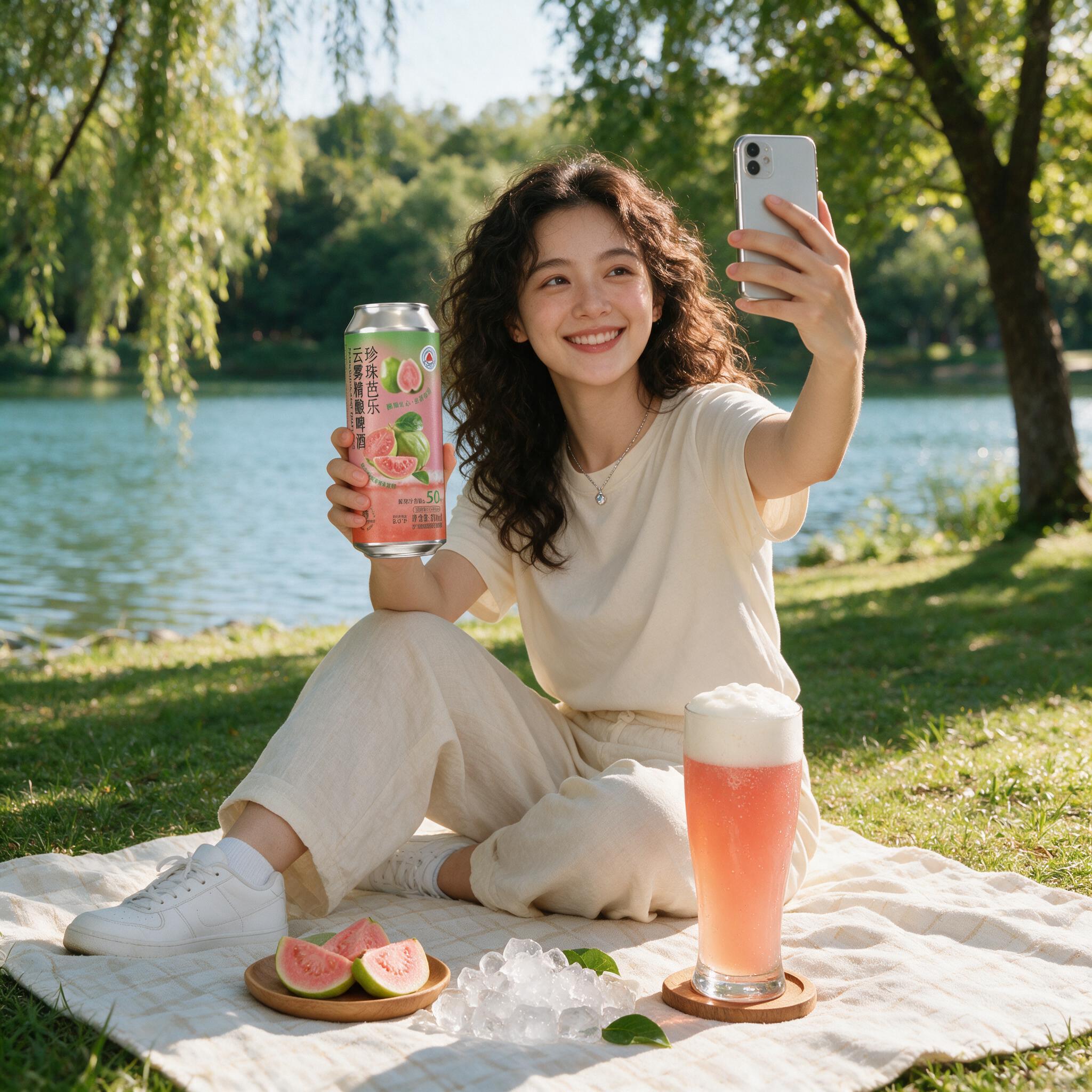 将背景替换为湖边草坪野餐场景。一位年轻女生坐在米白色格子野餐垫… - 图片创意预览