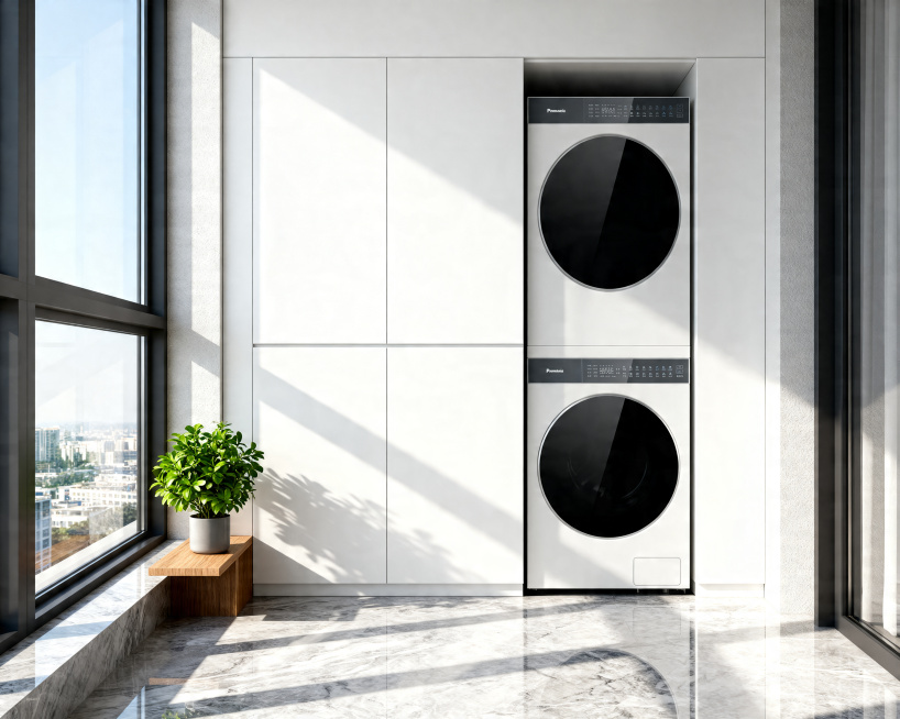 A hyper-realistic interior photography of a modern minimalist balcony. The Panasonic washer and drye预览效果