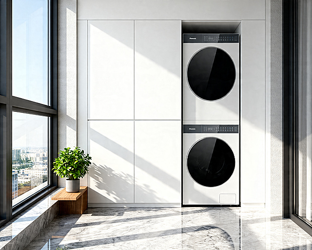 A hyper-realistic interior photography of a modern minimalist balcony. The Panasonic washer and dryer stack from the reference image is perfectly embedded into a custom-made seamless white matte cabinet. Clean lines, zero gap between the machines and the cabinet. A small green potted plant sits on the side wooden shelf. Bright natural sunlight streaming through floor-to-ceiling windows, creating soft shadows. High-end marble floor, 8k resolution, cinematic lighting, shot on 35mm lens, f/1.8, photorealistic, architectural digest style.