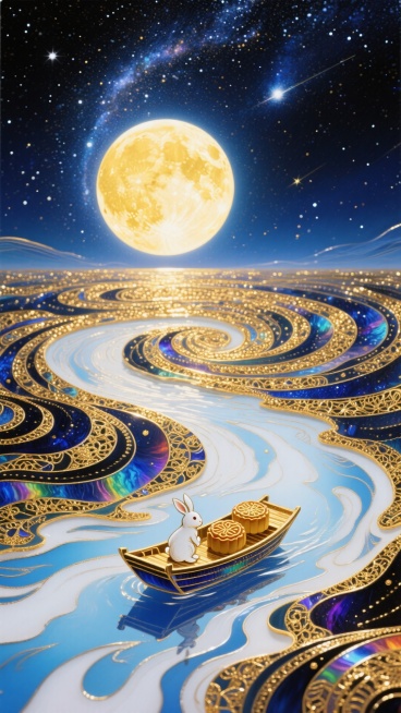 梦幻奇幻风格，全景，小船（漂浮在蓝白色河流上，船上有玉兔和两个月饼 ）居画底部，星空漩涡从小船向四周扩散成漩涡状星空（深金色交织） ，中央巨大的发光满月，超现实的星空河流世界，梦幻感，色彩以深邃蓝、暖预览效果