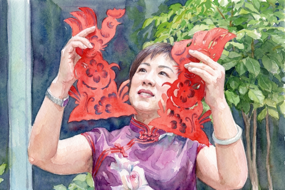 将原图转换为水彩画风格，美化手部，保留原构图和人物剪纸元素预览效果