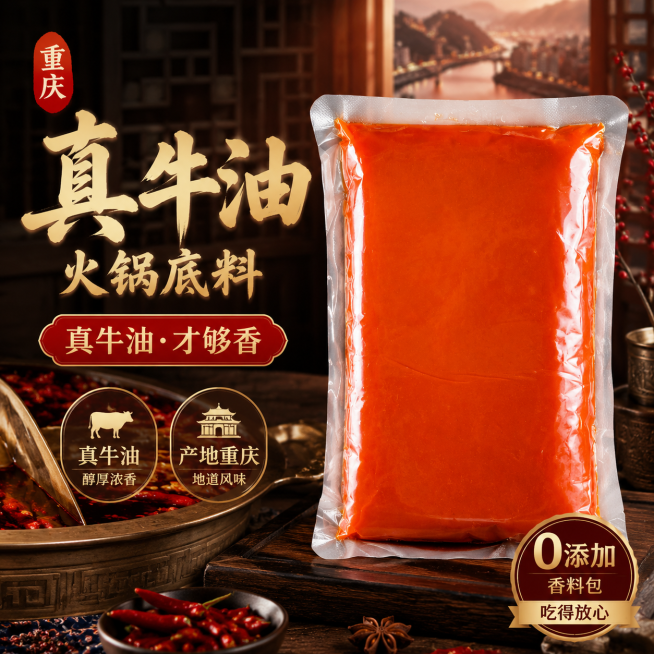 重庆真牛油火锅底料商品主图，新中式电商风格，卖点真牛油，产地重庆，适淘宝天猫平台，展示真空包装牛油底料，红棕色牛油质感，中式传统背景，高级质感，1:1构图预览效果