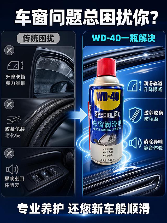 [第2张] 详情页痛点直击-WD-40车窗润滑剂解决车窗困扰。本张使用【图1】作为商品主体。
[氛围/风格] 高级汽车风，左右对比布局，痛点克制表达，解决方案清晰，专业可信。
[元素布局] 画面采用左右分栏对比布局。左侧为痛点区：展示车窗升降卡顿、胶条老化龟裂、开关异响刺耳等问题场景，色调偏灰暗，画面上有灰色叉号标记。右侧为解决区：WD-40产品居中，周围环绕顺滑的车窗、光亮如新的胶条，色调明亮。中间有箭头从左指向右，象征转变。背景为深蓝渐变，左侧偏暗灰，右侧偏亮蓝。保持WD-40车窗润滑剂产品外观与输入产品图完全一致。注意红色是盖子。
[光影质感] 左侧痛点区光线偏暗偏冷，右侧解决区明亮通透，产品受光均匀有金属高光，整体对比强烈但不夸张。
[配色色系] 全局底色 #0A2463 藏蓝渐变；左侧痛点区偏灰蓝 #5A6B8C；右侧解决区明亮藏蓝 + 青蓝色强调；点缀色正红、银灰。
[视角构图] 左右分栏对比构图，中间箭头引导视线，产品在右侧解决区为视觉焦点，满版构图。
[文字版式] 顶部主标题「车窗问题总困扰你？」白色粗黑体大号居中。左侧痛点区标题「传统困扰」灰色字体，下方三个痛点：「升降卡顿 费力难推」「胶条龟裂 老化快」「异响刺耳 体验差」，每行配灰色小图标。右侧解决区标题「WD-40一瓶解决」青蓝色粗体，下方三个解决方案对应：「润滑轨道 升降顺畅」「滋养胶条 防龟裂」「消除异响 静音体验」，配青蓝色图标。底部一行总结语「专业养护 还您新车般顺滑」白色粗体居中。
[比例分辨率] 3:4竖版比例，4K分辨率，文字清晰可辨，高清画质。
[负向提示词] 变形，水印，文字错乱，产品图模糊，过度夸张，恐吓式表达。