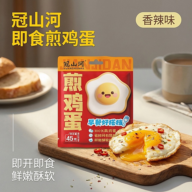 [垫图] https://gdesign-dam-hz.dancf.com/35942465428774027/0d6f43e6ec0a48b1ae53ab740032da19.jpg
[主图主题] 香辣味即食煎鸡蛋产品首图
[氛围/风格] 高级食欲感，温馨早餐场景，自然暖阳逆光，通透诱人质感
[画面元素] 包装袋居中放置，旁边摆放一枚切开的香煎鸡蛋，蛋黄呈现流心状态，油光诱人，放置在干净的木质早餐砧板上，背景是简约温馨的浅灰色餐桌，阳光从侧面洒入，形成柔和的光斑，背景铺满全屏无边框
[配色色系] 主色调：暖红色（包装），辅助色：原木色、米白色、暖黄色（蛋黄）
[视角构图] 平视视角，景深适中，产品主体占比约60%
[文字版式] 左上角悬浮主标题“冠山河 即食煎鸡蛋”，加粗黄色无衬线字体，右上角浅黄色圆角标签标注“香辣味”，左下角悬浮核心卖点“即开即食 鲜嫩酥软”，白色细体字，文字不遮挡产品主体，整体构图平衡舒适
[分辨率] 2k