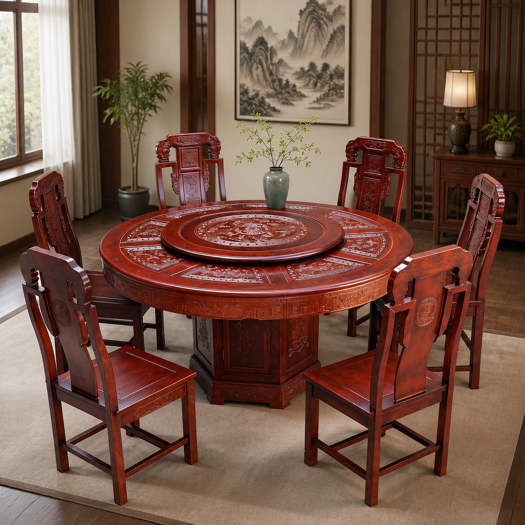 将这套餐桌家具放置在新中式风格的餐厅场景中，背景为中式实木餐厅… - 图片创意预览