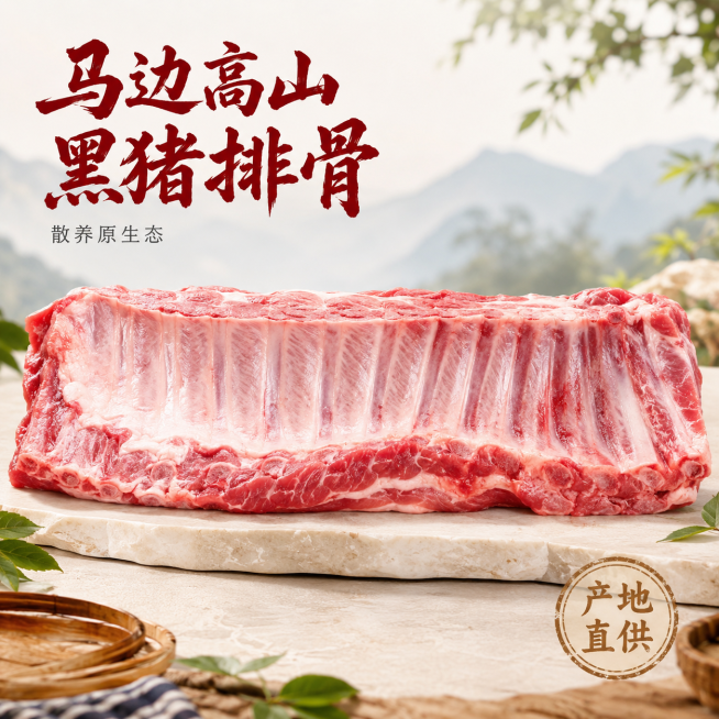 请使用电商主图套图技能「图片1」「图片1」「图片1」一次性生成3张构图不同、角度不一样、风格统一的电商商品主图，马边高山散养黑猪新鲜整排排骨，采用山野原生态彝族国风画风，四川马边深山云雾自然背景。预览效果