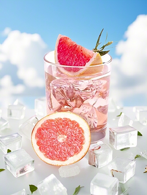 清新葡萄柚饮品，简约设计，冰块点缀，蓝天白云背景，尽显清爽与自然。