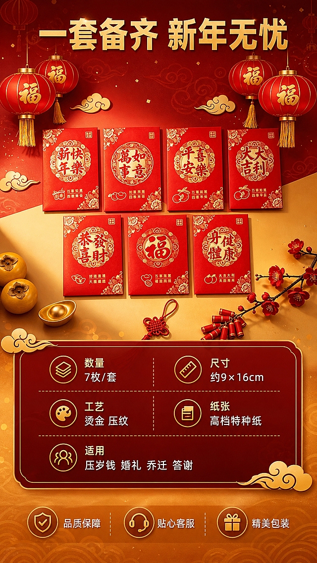 [商品] 使用【图1】新春七福烫金红包套装实拍：七款红包两排陈列于画面上半区，保留每款圆形花边框、祝福字、烫金工艺和红底金线质感，不修改红包本体文字与图案，商品主体与输入图完全一致。
[画面] 页面目标为参数与收口：上半区为红包套装标准陈列，下半区为参数信息卡与选购建议；构图上下分栏，产品占45%，下方信息卡区占40%，底部留品牌条；背景为深红到暖金渐变加祥云纹理，桌面暖金台面；景别中景偏近，阅读动线从上到下。
[视觉] 套系策略：风格=新春中式氛围商业摄影；标题字=现代无衬线粗黑体；正文字=无衬线简体；主色=中国红；背景延展=深红到暖金渐变，带祥云纹理、灯笼剪影和金色光点；强调色=烫金，仅用于小面积图标、引线、标签和局部光效；标题色=烫金；正文色=暖米白；组件=深红半透明圆角信息卡、金色细线、金色图标和祥云边角；光影=左前侧暖光，产品边缘清晰不悬浮。
[文字] 主标题「一套备齐 新年无忧」烫金色粗黑大字横排于顶部；参数卡分两列：「数量 7枚/套」「尺寸 约9×16cm」「工艺 烫金 压纹」「纸张 高档特种纸」「适用 压岁钱 婚礼 乔迁 答谢」；底部三个短词「品质保障」「贴心客服」「精美包装」；全部横向排版，字号保证手机端可读。
[规格] 淘宝/天猫详情页 9:16 竖版，2K 分辨率，中文横排文字，文字清晰可读，红包祝福语保持原样，商品主体与输入图完全一致不变形，避免错字、文字过小、变形、冷蓝灰背景、平台Logo和水印。