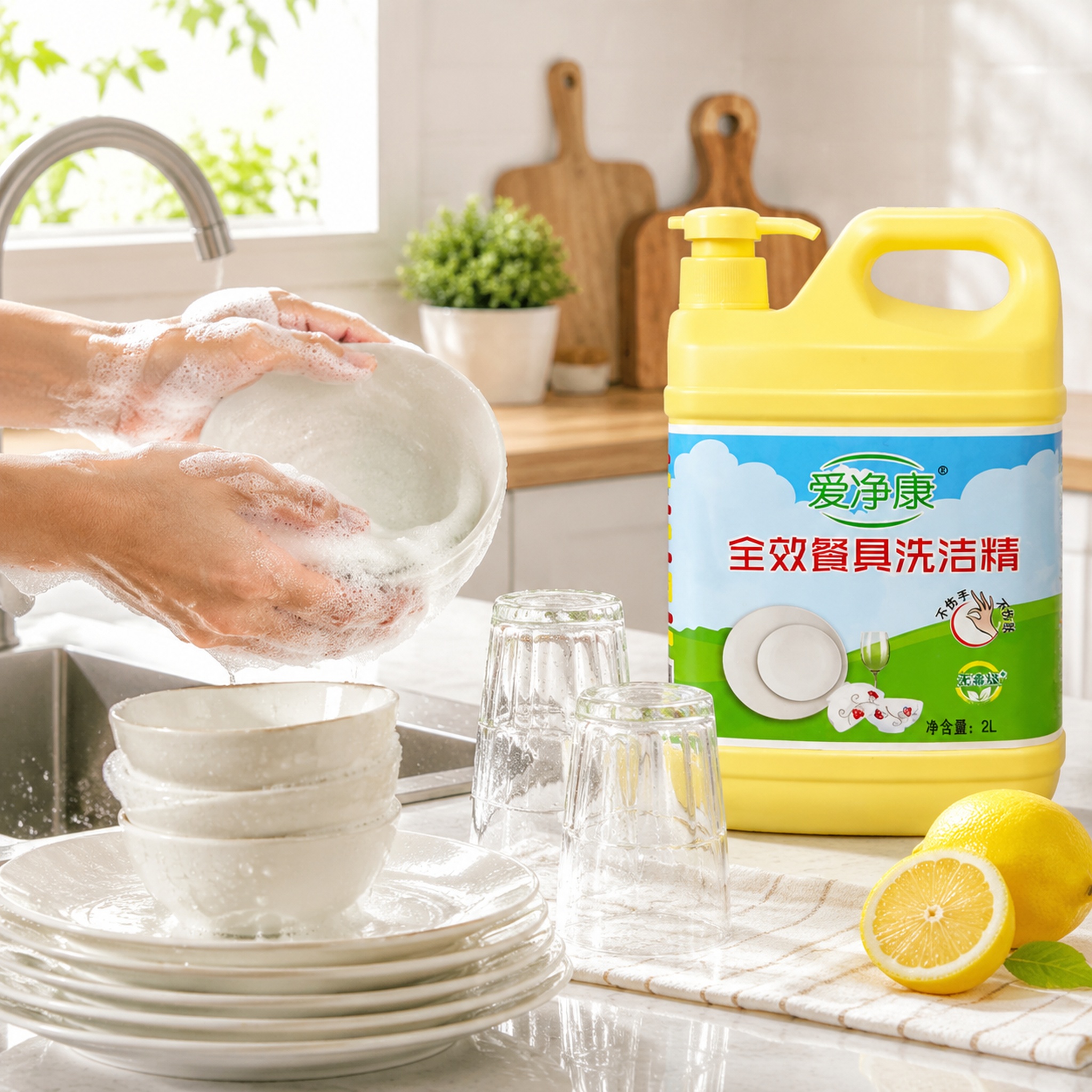 电商主图第4张，爱净康洗洁精使用场景图，厨房台面上摆放着洗干净… - 图片创意预览
