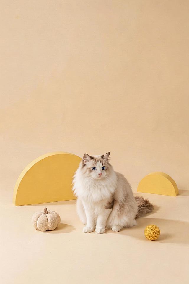 将图中的布偶猫换成一只更胖、毛茸茸的布偶猫，保持原有坐姿和表情，背景为浅米色，旁边有黄色半圆装饰、小南瓜和毛线球