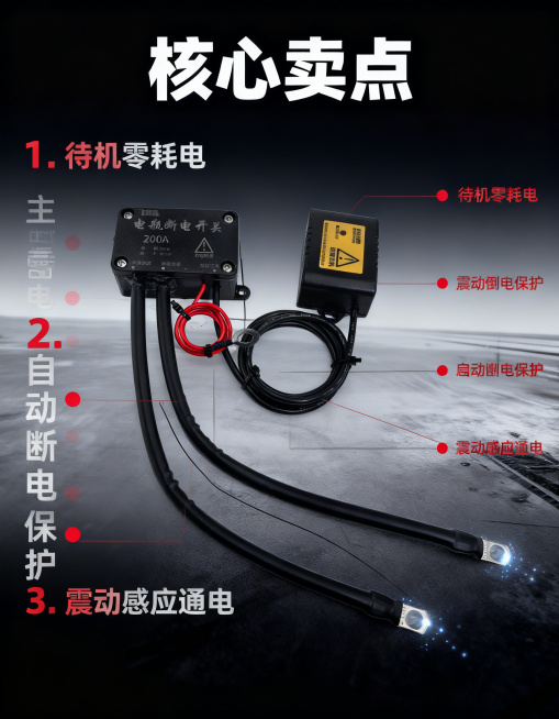 [主图 2 核心卖点]，主图主题：摩托车断电开关核心功能展示，氛围风格：硬核科技工业风，专业清晰，画面元素：黑色摩托车断电开关放置在画面中心，使用极细黑色引线连接标注各个功能部位，科技光点在引线末端，预览效果