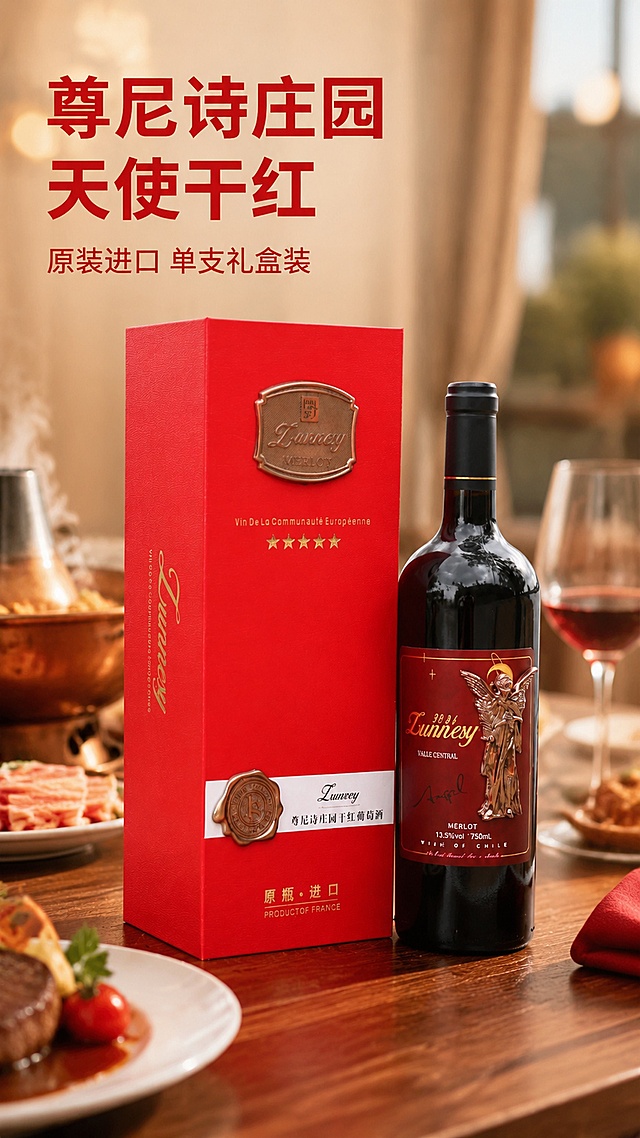 「图片1」，「图片1」生成一套场景图，单支礼盒独立装：走亲访友单支送礼无压力，也可多支囤货整箱送礼；
聚会餐桌百搭：搭配火锅、烧烤、中餐宴席、西餐牛排都适配；
平价进口红酒：原装进口品质，礼盒成套售价亲民，送礼体面不心疼；
礼盒硬度高，运输不易挤压变形，收到完好无损。商品名称为尊尼诗庄园.天使干红，适配拼多多平台，单图比例为9:16，需求屏数为6张。