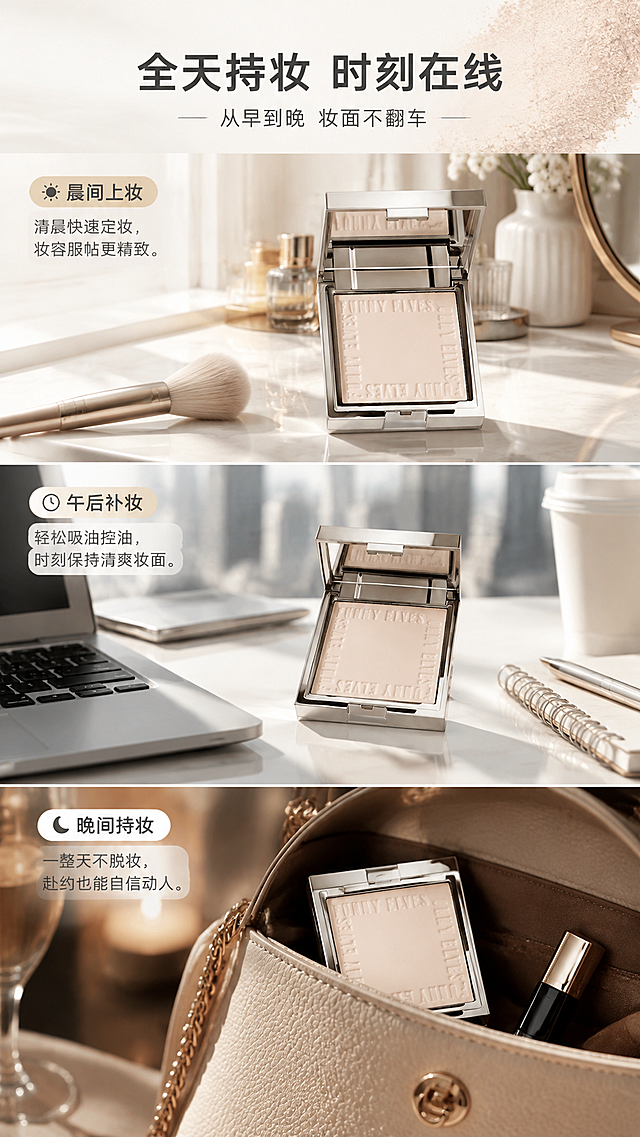 [商品] 使用【图1】银色方壳FUNNY ELVES粉饼；保留银色方壳、开盖结构、粉体浮雕文字；产品在每个场景中自然出现，尺寸贴合场景比例。
[画面] 目标：多场景种草，展示全天持妆控油的使用时刻。三格拼图纵向排列：上格「晨间上妆」——梳妆台场景，晨光中粉饼与化妆刷并列，干净温馨；中格「午后补妆」——办公室桌面，粉饼放在笔记本旁，都市通勤感；下格「晚间持妆」——约会/聚会场景，粉饼在手包中露出一角，氛围感。每格都是真实生活场景，产品自然融入。
[视觉] 套系策略：风格=高级灰轻奢美妆商业摄影；标题字=现代简约无衬线粗体；正文字=纤细无衬线体；主色=高级灰#f8f7f3；背景延展=基于#f8f7f3做深浅灰渐变、同色系柔雾质感与细腻粉体纹理；强调色=香槟金，仅用于小面积图标、引线和标签高光；标题色=深炭灰#333333；正文色=中灰#666666；组件=细线圆角场景标签、细引线；光影=每格场景各自自然光源，整体统一暖调柔光。
[文字] 顶部主标题「全天持妆 时刻在线」（8字），副标题「从早到晚 妆面不翻车」。每格左上角配场景标签：晨间上妆 / 午后补妆 / 晚间持妆，各配1句短说明。全部横排，文字不遮挡产品主体。
[规格] 图片比例9:16竖版，4K分辨率，负向提示：避免变形、错字、文字过小、冷蓝背景、产品颜色改变、结构失真、绝对化用语。