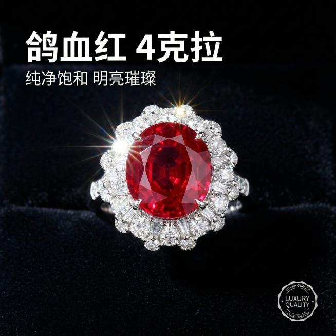 [主图 1] 奢华鸽血红4克拉红宝石戒指主图
[氛围/风格] 奢华高贵珠宝风格，高级质感，光影璀璨
[画面元素] 保留原红宝石戒指造型，戒指居中展示，黑色渐变丝绒背景，突出戒指本身，光泽感强烈，星光闪预览效果
