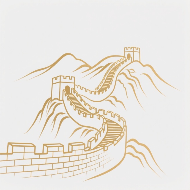 党建主题，白色背景，金色线条勾勒的长城蜿蜒盘旋于山峦之上，城墙垛口清晰可见，阶梯层次分明，山体轮廓以简洁流畅的曲线表现，整体风格简约大气，线条细腻均匀，金色与白色形成鲜明对比，营造出庄重肃穆的氛围，具有强烈的视觉冲击力和党建宣传的设计感。预览效果