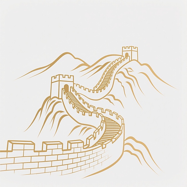 党建主题，白色背景，金色线条勾勒的长城蜿蜒盘旋于山峦之上，城墙垛口清晰可见，阶梯层次分明，山体轮廓以简洁流畅的曲线表现，整体风格简约大气，线条细腻均匀，金色与白色形成鲜明对比，营造出庄重肃穆的氛围，具有强烈的视觉冲击力和党建宣传的设计感。