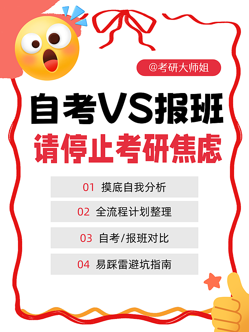考研自考报班经验分享爆款大字科普指南插画风小红书封面
