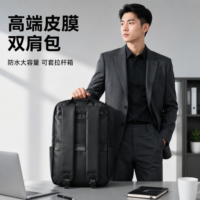 [主图-1] 高端皮膜双肩包产品主图，办公通勤差旅场景展示。氛围风格：简约现代商务风，拼多多大字直白风格，性价比突出。画质：商业摄影质感、光线柔和通透、产品清晰真实、画面干净高级。元素：黑色高端皮膜双预览效果