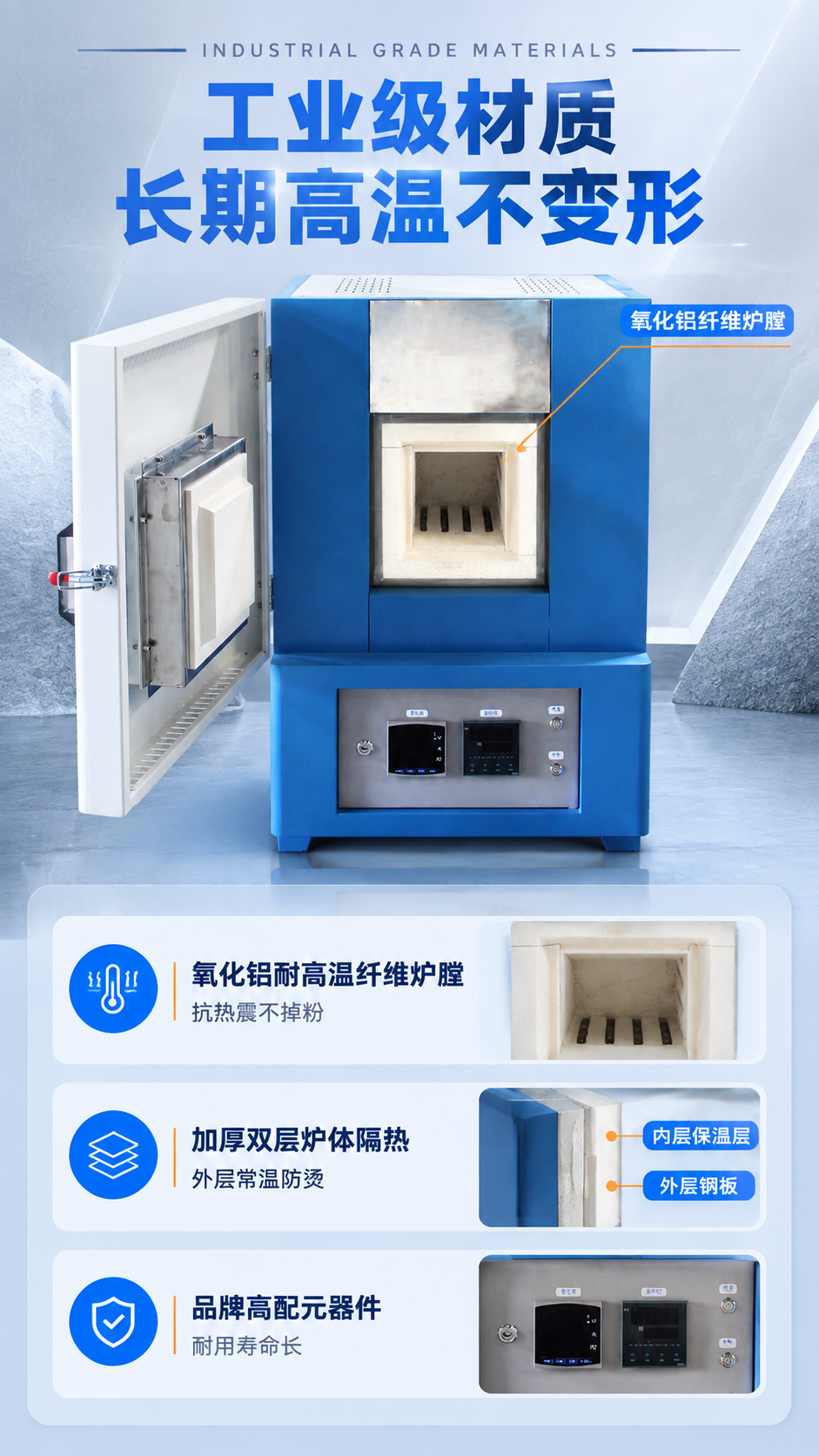 [商品] 使用【图2】打开门的蓝白配色马弗炉，重点展示炉膛内部… - 图片创意预览