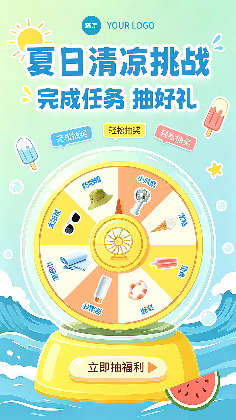 夏日抽奖大转盘卡通插画风海报