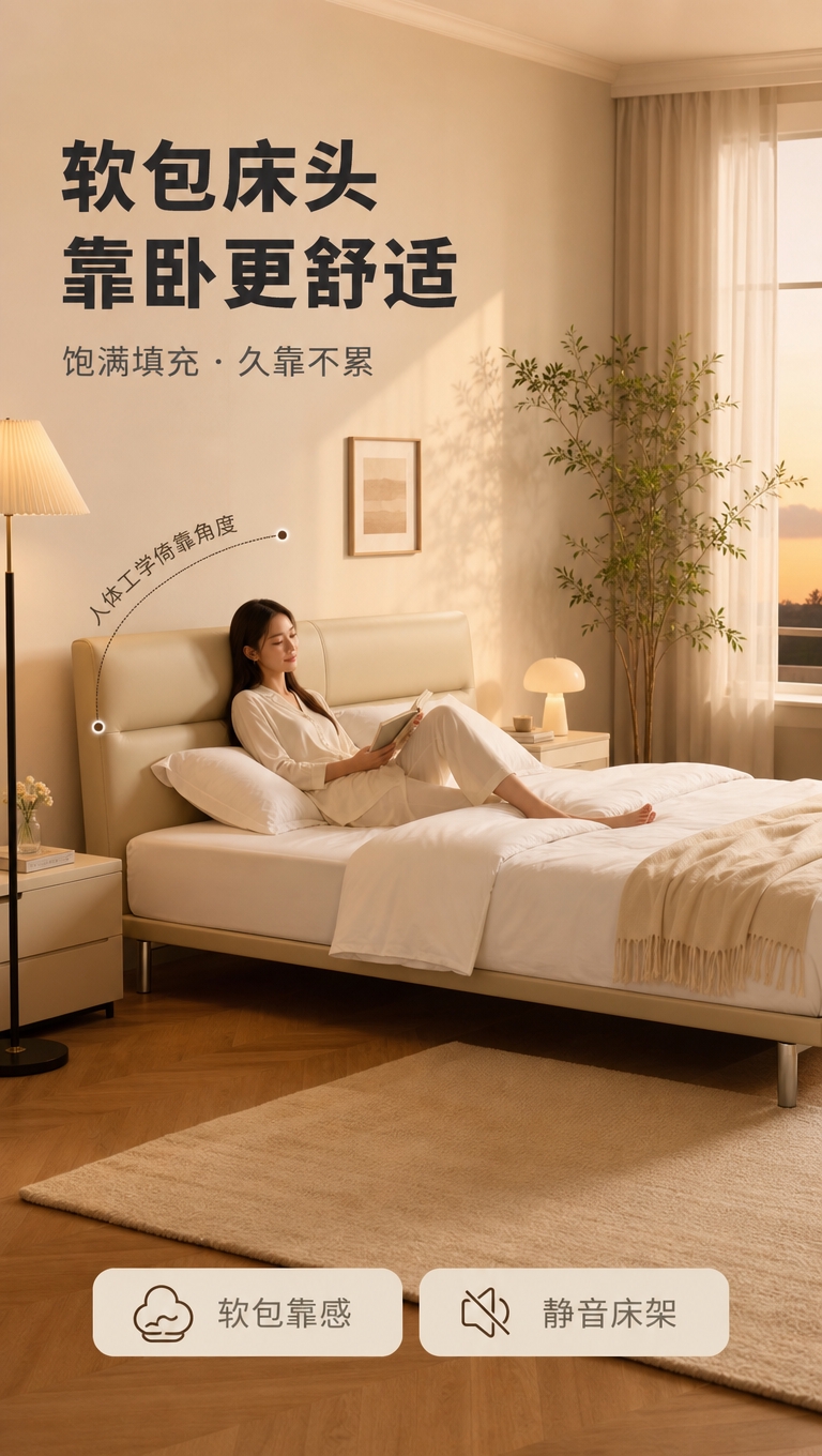 [商品] 使用【图1】米杏色齐边真皮床；保留齐边床结构、颜色、… - 图片创意预览
