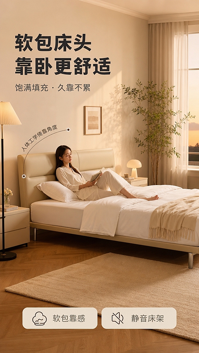 [商品] 使用【图1】米杏色齐边真皮床；保留齐边床结构、颜色、材质、床头造型、金属床脚；床上铺白色床品与枕头。
[画面] 目标：场景沉浸页，真人靠卧阅读使用场景，传递舒适睡眠体验。构图：整屋卧室场景，人物半卧靠在床头看书；产品占画面约60%，侧视45°角度；人物为亚洲女性，穿浅色家居服，自然靠卧姿态；前景地毯+落地灯，中景床+人物+床头柜，后景窗帘+墙面装饰+绿植；暖调黄昏自然光，温馨慵懒氛围。
[视觉] 套系策略：风格=意式极简高级商业摄影；标题字=现代无衬线粗体（思源黑体Heavy）；正文字=简洁无衬线体（思源黑体Regular）；主色=米杏色（#E8DCC8）；背景延展=基于米杏色做深浅层级、同色渐变和细腻墙漆/织物质感；强调色=深咖色（#6B5B4F），仅用于小面积图标、引线和标签；标题色=深炭灰（#2C2C2C）；正文色=中暖灰（#6B6B6B）；组件=圆角浅底信息卡、细线引线、数字序号胶囊；光影=右前侧暖柔光，柔和阴影。
[文字] 左上压角文案：主标题「软包床头 靠卧更舒适」，副标题「饱满填充 · 久靠不累」；床头旁弧线标注「人体工学倚靠角度」；底部2个卖点胶囊：「软包靠感」「静音床架」；文字不遮挡人物脸部与床主体。
[规格] 图片比例9:16竖版，4K分辨率，淘宝/天猫适配，中文文案，亚洲模特，避免变形、错字、文字过小、冷蓝背景、床结构改变、颜色失真、极限词。