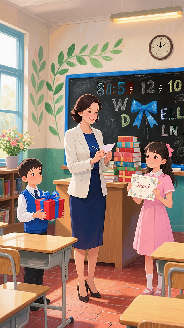 插画风教室场景，师生互动温馨，手账元素点缀，清新卡通感十足。