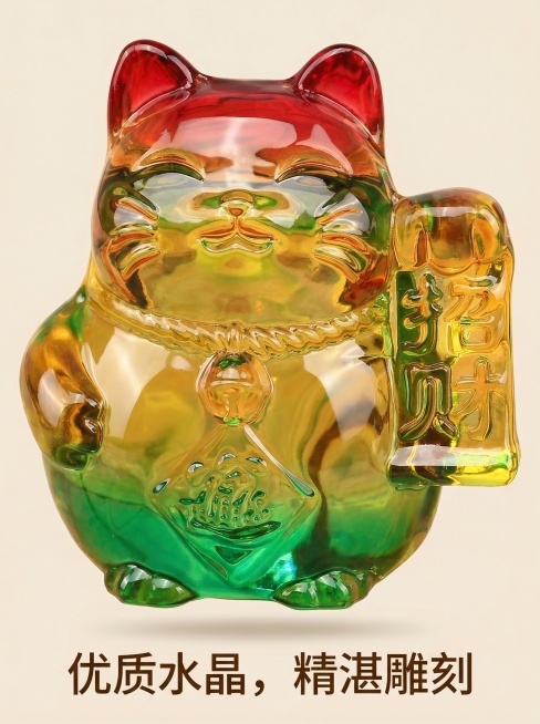 彩色招财猫核心细节特写图，背景为纯净浅米色，画面放大展示水晶的通透质感、红黄绿色彩自然融合的过渡处、雕刻的胡须纹理、招财金币的立体浮雕效果、铃铛的精致细节，光影凸显水晶的折射光泽。画面下方悬浮文字“优预览效果