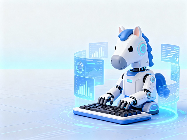未来感与科技感融合的3D卡通机器人马，拟人化操作键盘，环绕霓虹数据界面，虚拟现实场景，塑料质感设计，充满童趣与科技张力。
