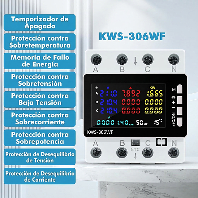 保留产品型号KWS-306WF不变，将这张图中的所有英文功能描述文字翻译成西班牙语，保持原图整体布局、蓝色块、背景和风格不变，最终输出尺寸为1200x1200像素。原图展示智能电表的多项保护功能。