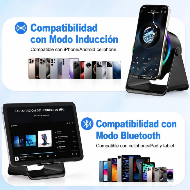 将图片里所有英文翻译成西班牙语，iPhone、Android、Bluetooth这些产品品牌技术名词保留英文，产品本身不改变，保持图片整体布局、产品和画面不变，文字风格匹配原图预览效果